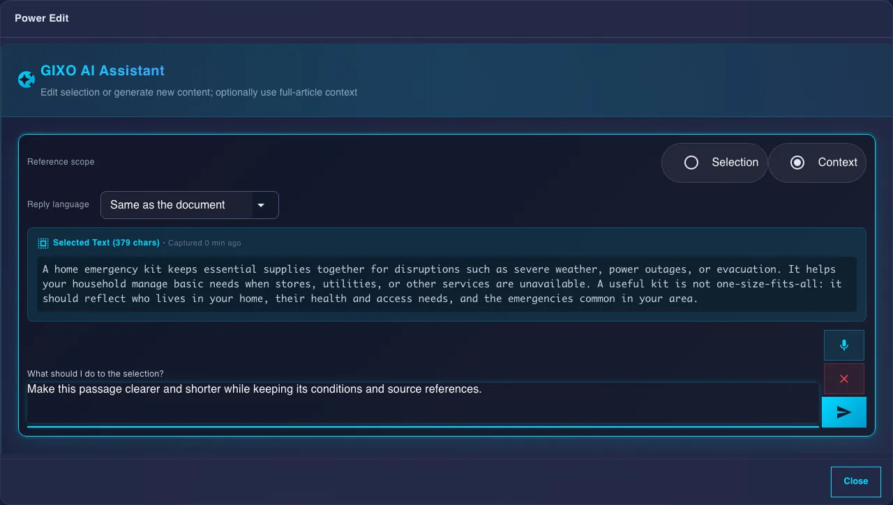 Power Edit with selected text, selection or article context, reply language and an editing instruction