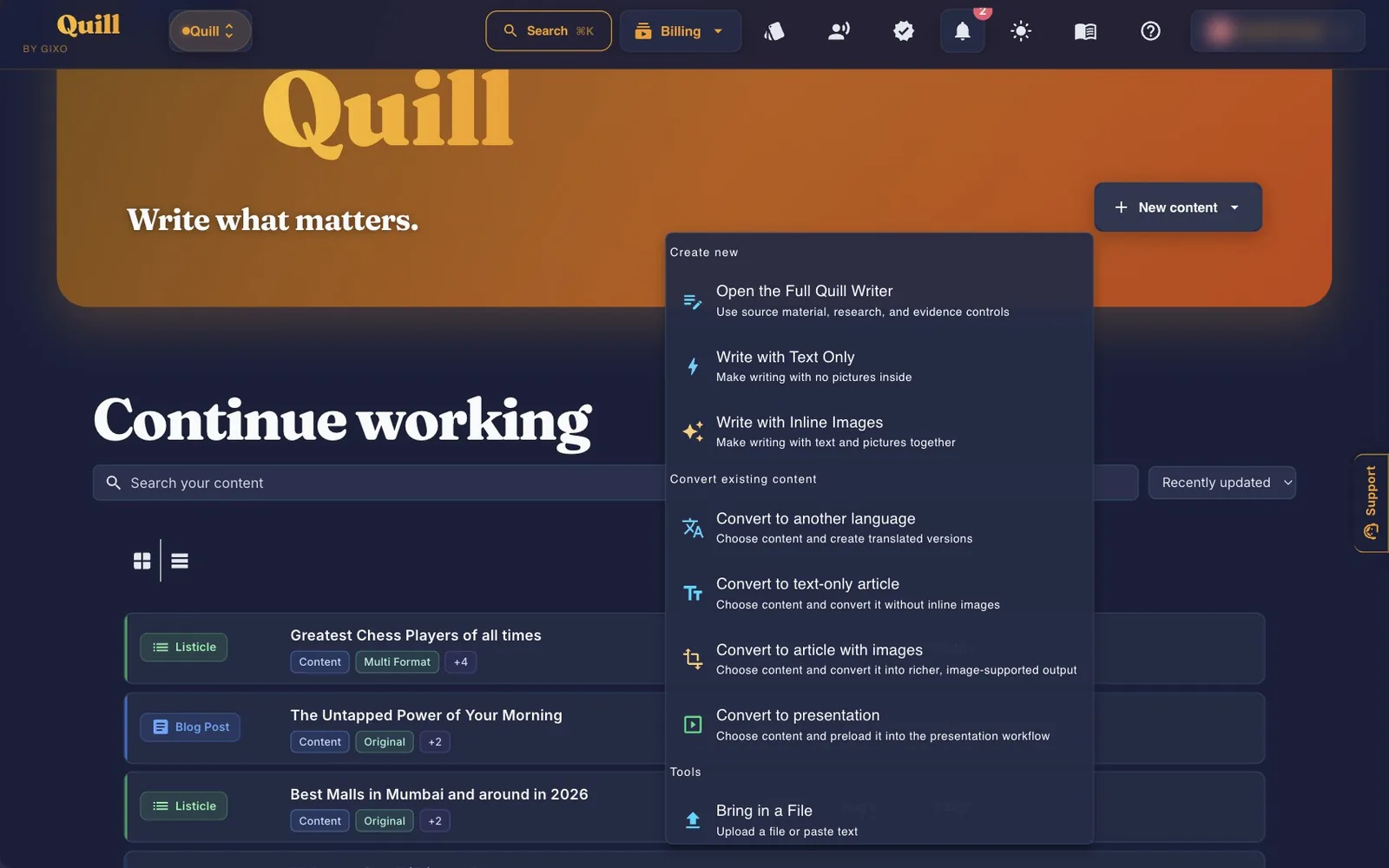 The Quill dashboard with the New content menu open