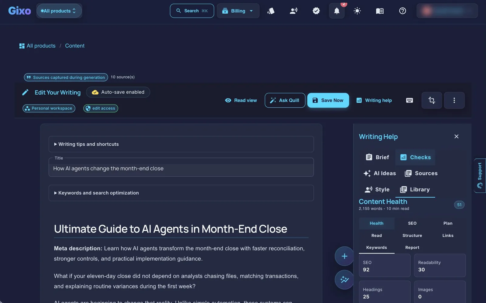 The Quill editor with Writing help open